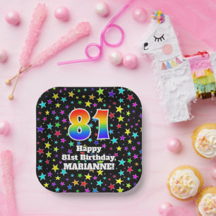 81st Birthday: Fun Stars Pattern and Rainbow “81 Paper Plate
