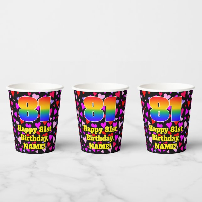 81st Birthday: Loving Hearts Pattern, Rainbow 81 Paper Cups (Multi)
