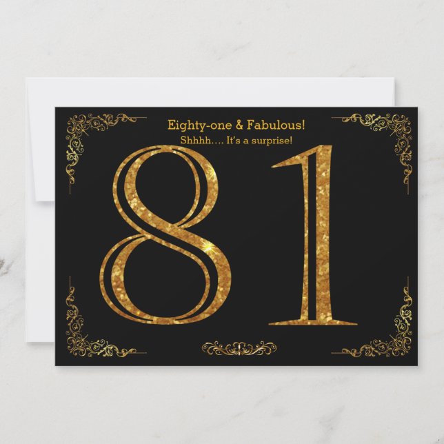 81st Birthday party,styl,black gold glitter Invitation (Front)