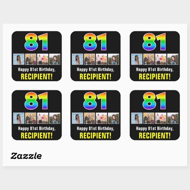 81st Birthday: Rainbow “81”; Custom Photos & Name Square Sticker (Sheet)