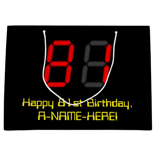 81st Birthday: Red Digital Clock Style "81" + Name Large Gift Bag (Front)