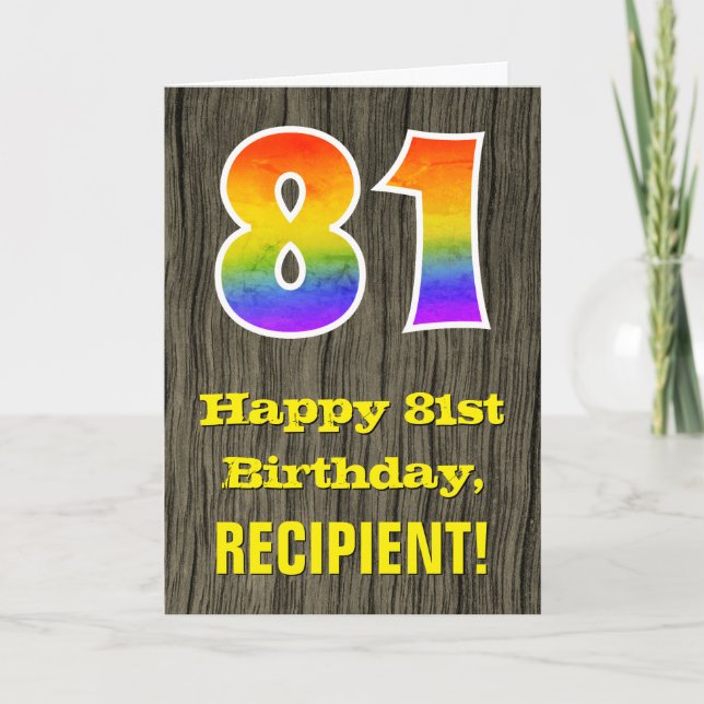 81st Birthday: Rustic Faux Wood Look, Rainbow "81" Card (Front)