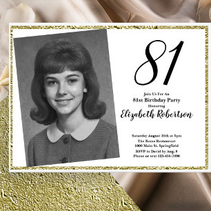 81st Custom Photo White and Gold Birthday Invitation