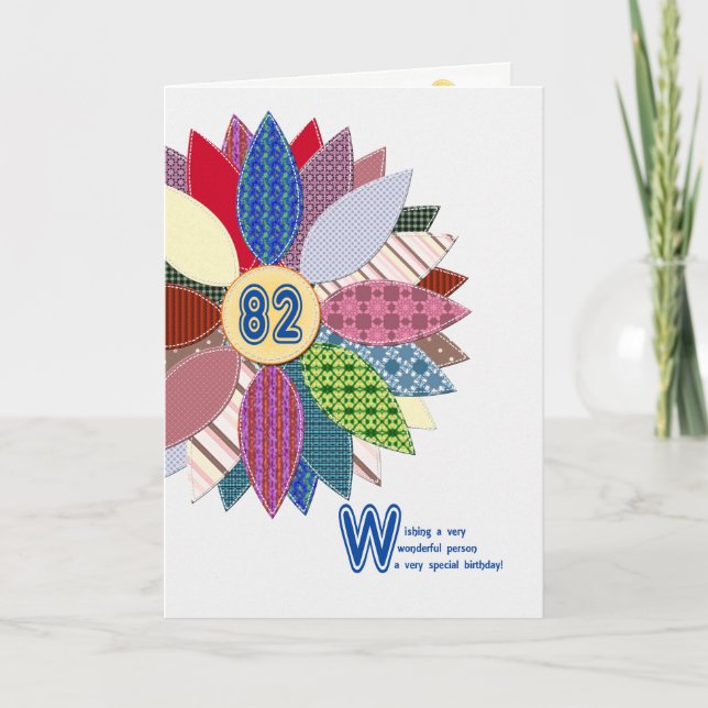 82 years old, stitched flower birthday card (Front)