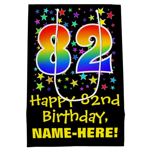 82nd Birthday: Colourful Stars Pattern & Rainbow 8 Medium Gift Bag (Back)