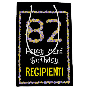82nd Birthday: Floral Flowers Number, Custom Name Medium Gift Bag