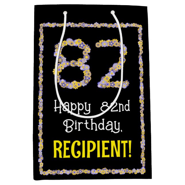 82nd Birthday: Floral Flowers Number, Custom Name Medium Gift Bag (Front)