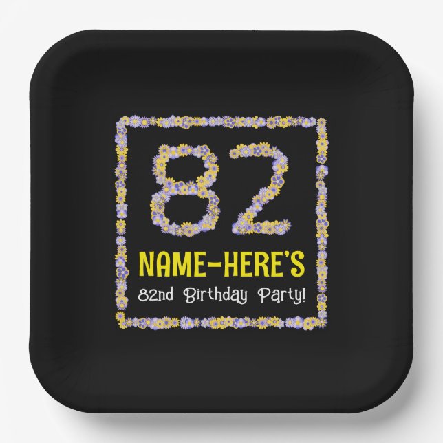 82nd Birthday: Floral Flowers Number, Custom Name Paper Plate (Front)
