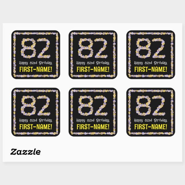 82nd Birthday: Floral Flowers Number, Custom Name Square Sticker (Sheet)