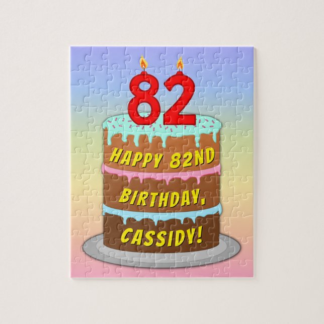 82nd Birthday: Fun Cake and Candles + Custom Name Jigsaw Puzzle (Vertical)