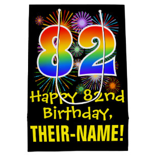 82nd Birthday: Fun Fireworks Pattern + Rainbow 82 Medium Gift Bag