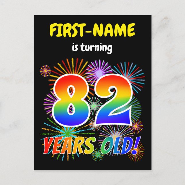 82nd Birthday - Fun Fireworks, Rainbow Look "82" Postcard (Front)