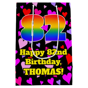 82nd Birthday: Loving Hearts Pattern, Rainbow # 82 Medium Gift Bag