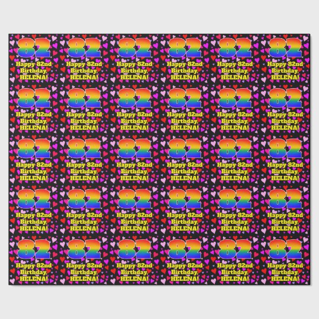 82nd Birthday: Loving Hearts Pattern, Rainbow # 82 Wrapping Paper (Seam)