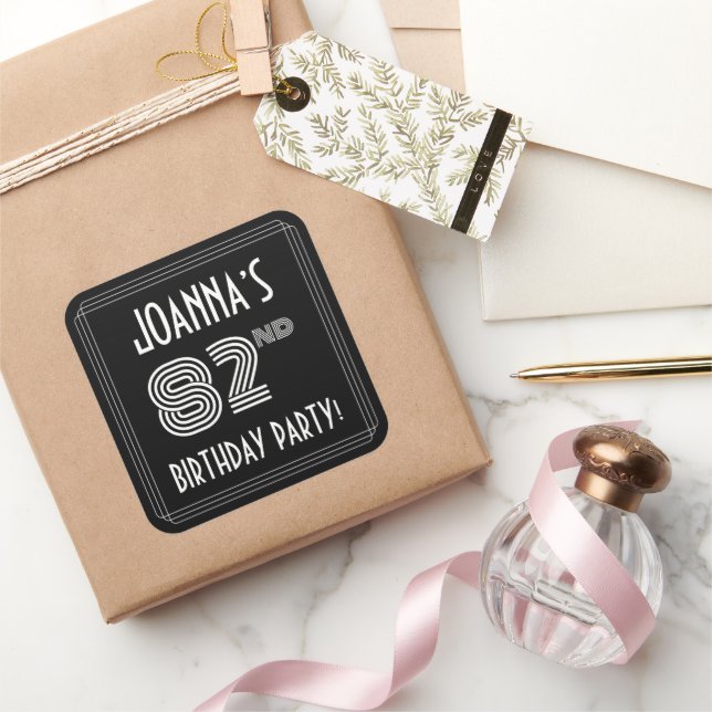 82nd Birthday Party: Art Deco Style & Custom Name Square Sticker (Gifting)