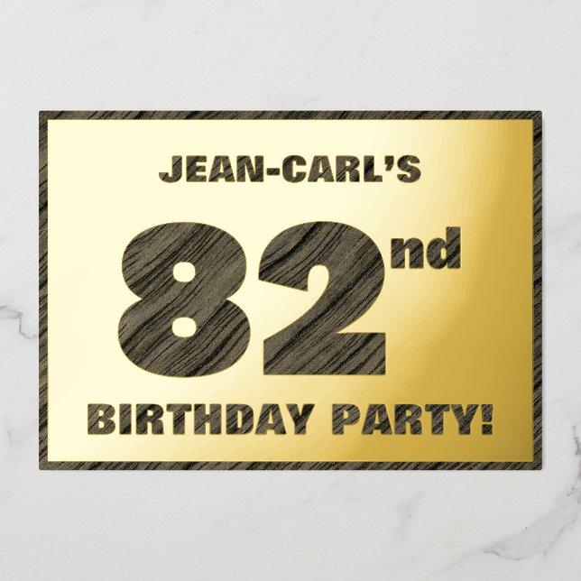 82nd Birthday Party — Bold, Faux Wood Grain Text (Front)