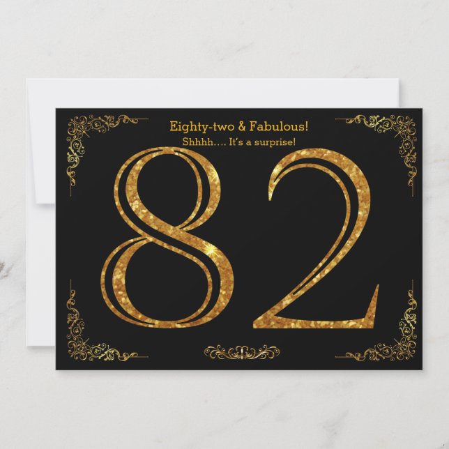 82nd Birthday party,Gatsby styl,black gold glitter Invitation (Front)