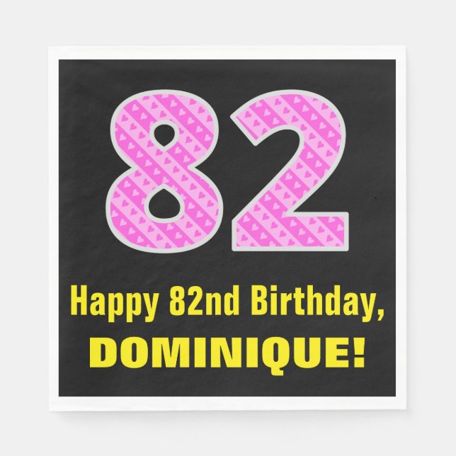 82nd Birthday: Pink Stripes and Hearts "82" + Name Napkin (Front)