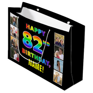 82nd Birthday: Rainbow Text, Custom Photos & Name Large Gift Bag