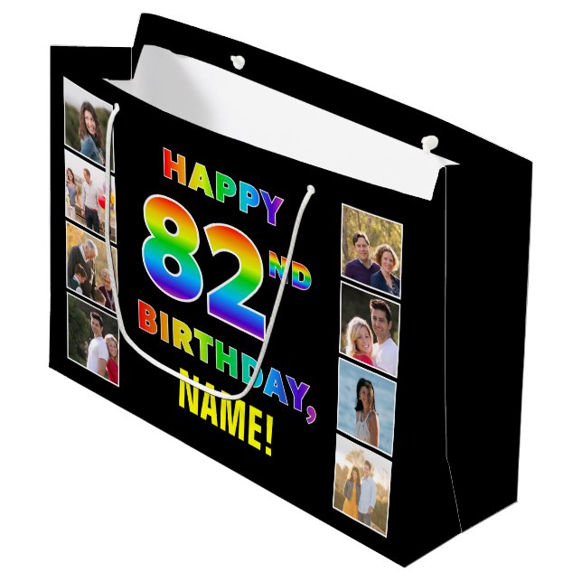 82nd Birthday: Rainbow Text, Custom Photos & Name Large Gift Bag (Front Angled)