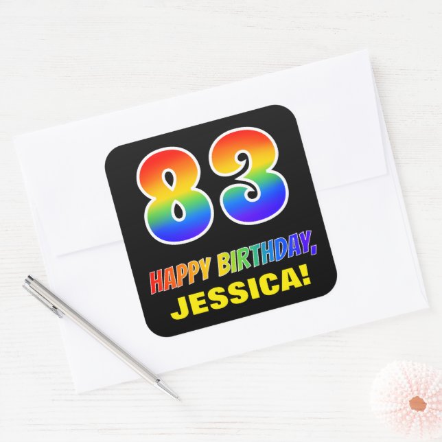 83rd Birthday: Bold, Fun, Simple, Rainbow 83 Square Sticker (Envelope)