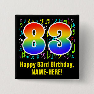 83rd Birthday: Colourful Music Symbols, Rainbow 83 2 Inch Square Button