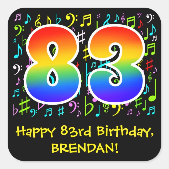 83rd Birthday: Colourful Music Symbols, Rainbow 83 Square Sticker (Front)