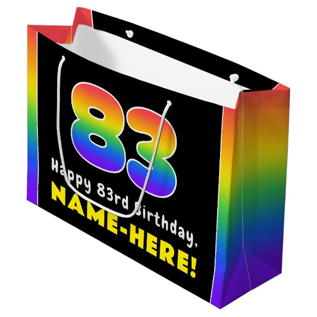 83rd Birthday: Colourful Rainbow # 83, Custom Name Large Gift Bag (Front Angled)