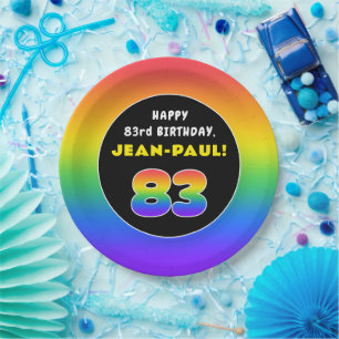 83rd Birthday: Colourful Rainbow # 83, Custom Name Paper Plate