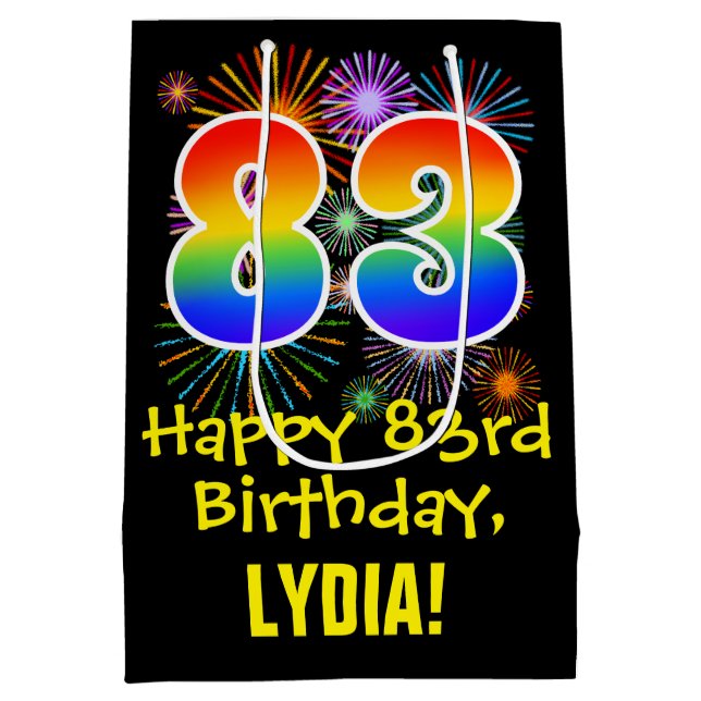 83rd Birthday: Fun Fireworks Pattern + Rainbow 83 Medium Gift Bag (Back)