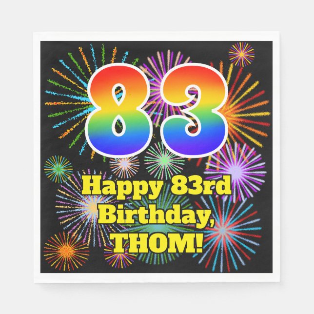 83rd Birthday: Fun Fireworks Pattern + Rainbow 83 Napkin (Front)