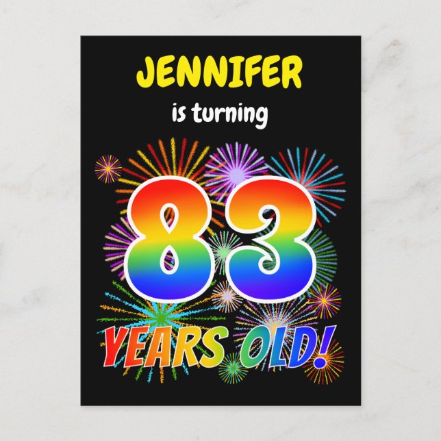 83rd Birthday - Fun Fireworks, Rainbow Look "83" Postcard (Front)