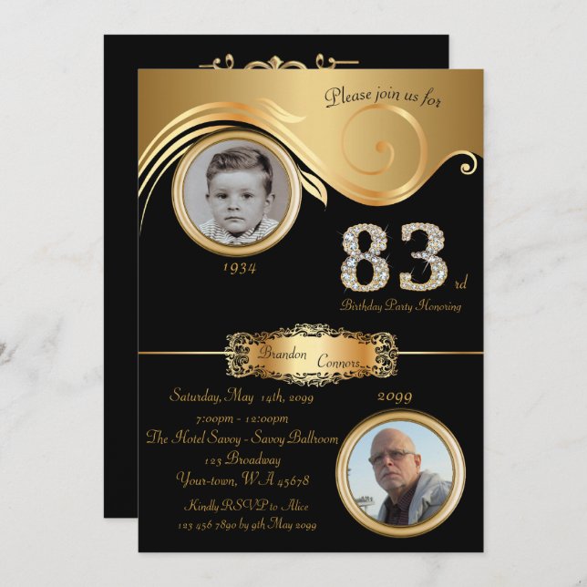 83rd,Birthday Man 83rd,elegant art deco,black gold Invitation (Front/Back)