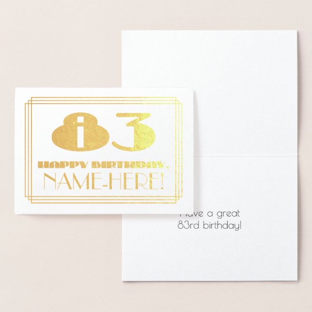 83rd Birthday; Name + Art Deco Inspired Look "83" Foil Card (Display)