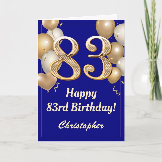 83rd Birthday Navy Blue and Gold Balloons Confetti Card (Front)