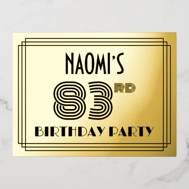 83rd Birthday Party ~ Art Deco Style “83” + Name Foil Invitation Postcard (Front)