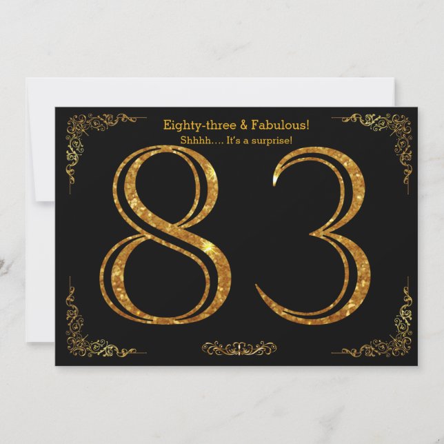 83rd Birthday party,Gatsby styl,black gold glitter Invitation (Front)