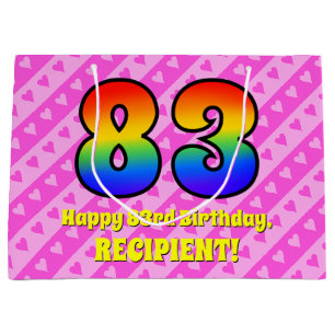83rd Birthday: Pink Stripes & Hearts, Rainbow # 83 Large Gift Bag