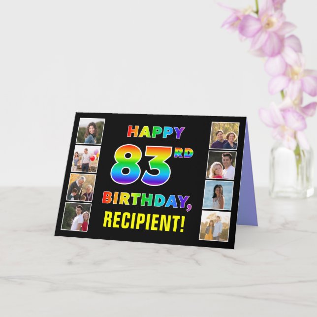 83rd Birthday: Rainbow Text, Custom Photos & Name Card (Orchid)