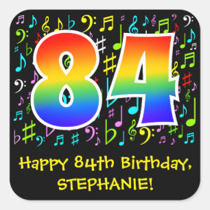 84th Birthday: Colorful Music Symbols, Rainbow 84 Square Sticker