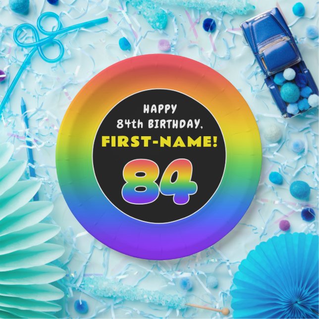 84th Birthday: Colourful Rainbow # 84, Custom Name Paper Plate (Party)