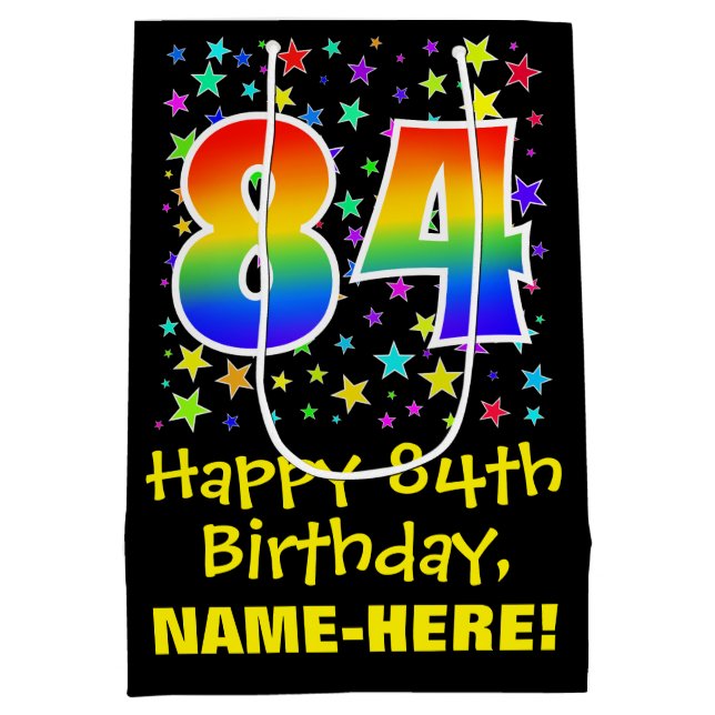 84th Birthday: Colourful Stars Pattern & Rainbow 8 Medium Gift Bag (Back)