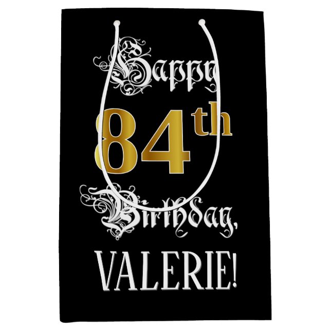 84th Birthday ~ Fancy Script; Faux Gold Look; Name Medium Gift Bag (Front)