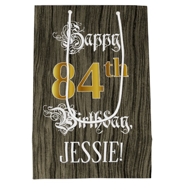 84th Birthday: Faux Gold Look & Faux Wood Pattern Medium Gift Bag (Back)
