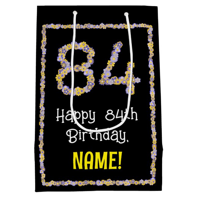 84th Birthday: Floral Flowers Number, Custom Name Medium Gift Bag (Back)