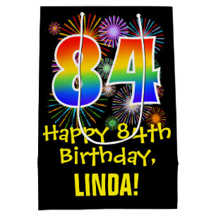 84th Birthday: Fun Fireworks Pattern + Rainbow 84 Medium Gift Bag
