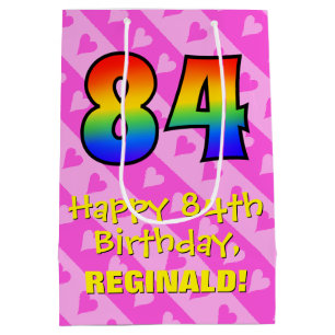 84th Birthday: Fun Pink Hearts Stripes; Rainbow 84 Medium Gift Bag