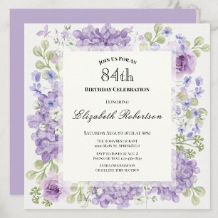 84th Birthday Invitation Elegant Purple Flowers