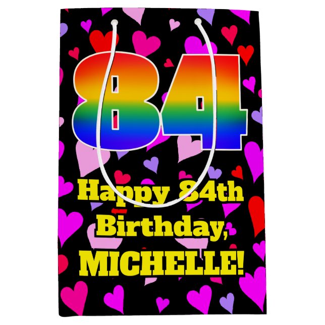 84th Birthday: Loving Hearts Pattern, Rainbow # 84 Medium Gift Bag (Front)