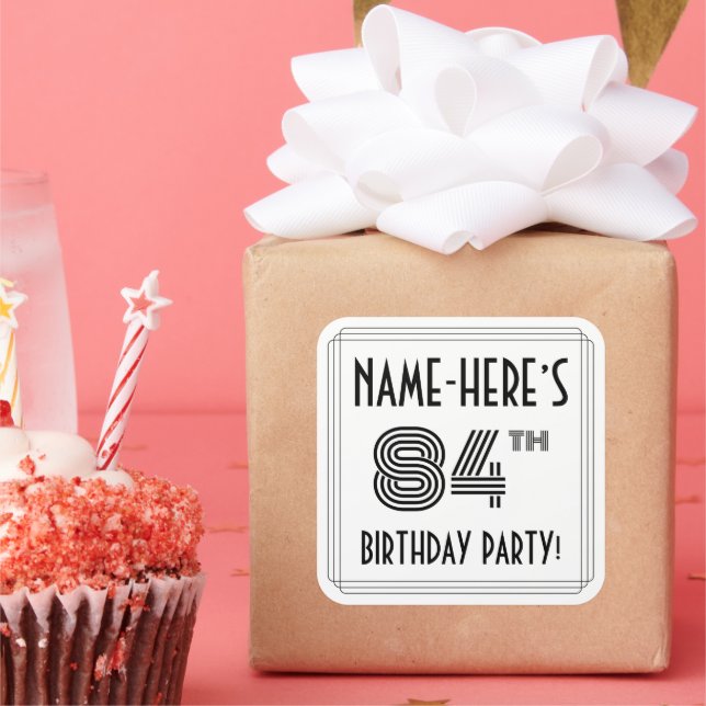 84th Birthday Party: Art Deco Style + Custom Name Square Sticker (Party)